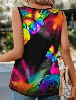 Clearance Women's Camisole Tank Top Rose Butterfly Daily Sleeveless Notched Neck Regular Tops Daily Buttons Print Summer Women Tank Tops & Camis