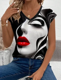 Hot Women's Camisole Tank Top Abstract Casual Short Sleeve V Neck Regular Tops Daily Print Summer Women Tank Tops & Camis