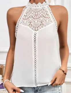 Clearance Women's Camisole Tank Top Solid Color Stylish Casual Sleeveless Sleeveless Crew Neck Regular Tops Work Daily Going out Lace Black White Summer Spring Women Tank Tops & Camis