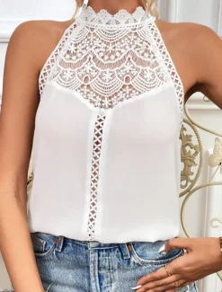 Clearance Women's Camisole Tank Top Solid Color Stylish Casual Sleeveless Sleeveless Crew Neck Regular Tops Work Daily Going out Lace Black White Summer Spring Women Tank Tops & Camis