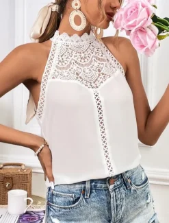 Clearance Women's Camisole Tank Top Solid Color Stylish Casual Sleeveless Sleeveless Crew Neck Regular Tops Work Daily Going out Lace Black White Summer Spring Women Tank Tops & Camis