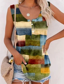 Best Women's Camisole Tank Top Geometric Basic Sleeveless U Neck Regular Tops Casual Buttons Print Red Blue Green Women Tank Tops & Camis
