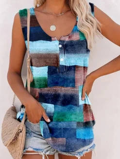 Best Women's Camisole Tank Top Geometric Basic Sleeveless U Neck Regular Tops Casual Buttons Print Red Blue Green Women Tank Tops & Camis