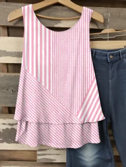 Hot Women's Camisole Tank Top Graphic Striped Elegant Romantic Casual Sleeveless V Neck Regular Tops Daily Patchwork Print Pink Blue Purple Green Summer Spring Women Tank Tops & Camis