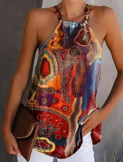 New Women's Camisole Tank Top Halter Summer Tops Basic Print Sleeveless Regular Tops Halter Neck Casual Weekend Women Tank Tops & Camis