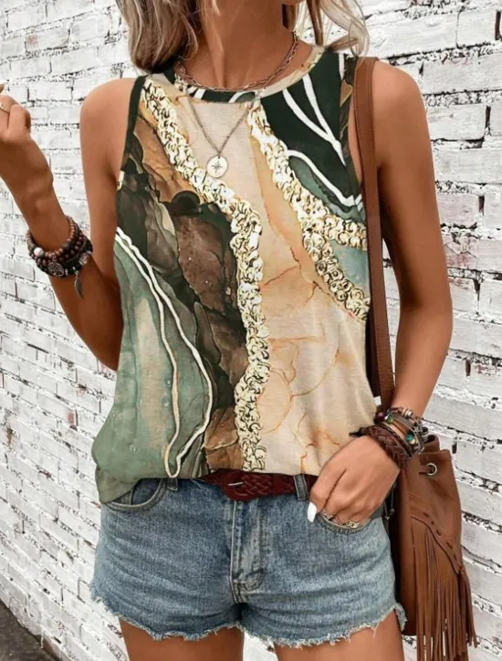 Women's Camisole Tank Top Vest Fashion Streetwear Print Sleeveless Regular Tops Crew Neck Casual Pink Brown Green Khaki Summer Women Tank Tops & Camis