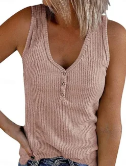 Online Women's Camisole Tank Top Solid Color Stylish Casual Sleeveless V Neck Regular Tops Daily Buttons Black White Pink Summer Women Tank Tops & Camis