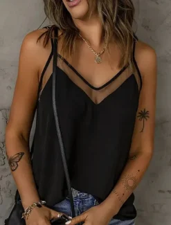 Online Women's Camisole Tank Top Solid Color Stylish Casual Sleeveless Strap Regular Tops Daily Mesh Patchwork Black White Summer Women Tank Tops & Camis