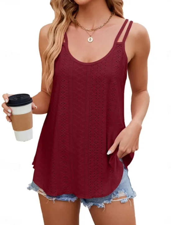 Hot Women's Camisole Tank Top Solid Color Stylish Casual Sleeveless U Neck Regular Tops Daily Eyelet White Yellow Pink Wine Summer Women Tank Tops & Camis