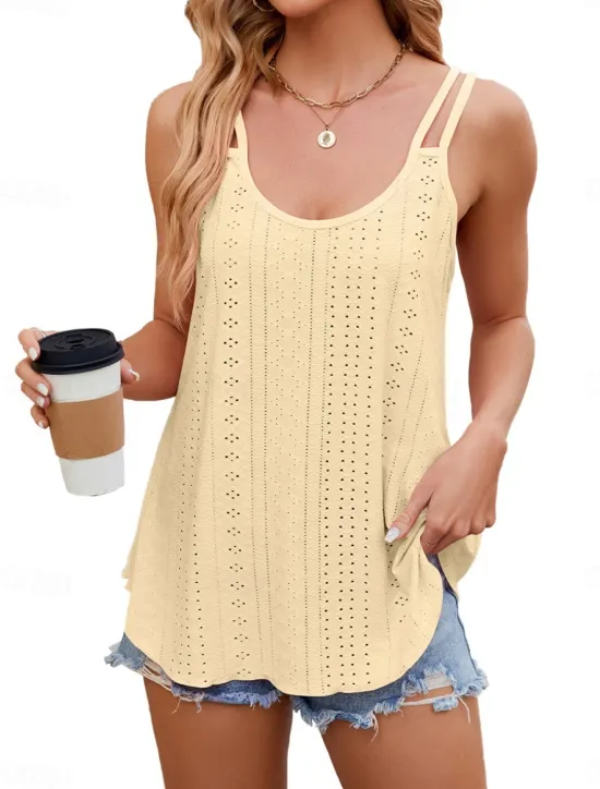 Hot Women's Camisole Tank Top Solid Color Stylish Casual Sleeveless U Neck Regular Tops Daily Eyelet White Yellow Pink Wine Summer Women Tank Tops & Camis