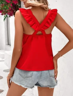 New Women's Camisole Tank Top Solid Color Stylish Casual Sleeveless Crew Neck Regular Tops Daily Ruffle Backless Black Pink Red Sky Blue Orange Summer Spring Women Tank Tops & Camis|Shirts