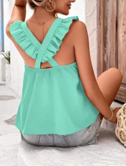 New Women's Camisole Tank Top Solid Color Stylish Casual Sleeveless Crew Neck Regular Tops Daily Ruffle Backless Black Pink Red Sky Blue Orange Summer Spring Women Tank Tops & Camis|Shirts