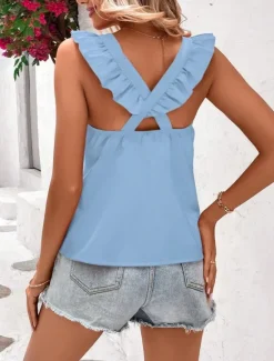 New Women's Camisole Tank Top Solid Color Stylish Casual Sleeveless Crew Neck Regular Tops Daily Ruffle Backless Black Pink Red Sky Blue Orange Summer Spring Women Tank Tops & Camis|Shirts