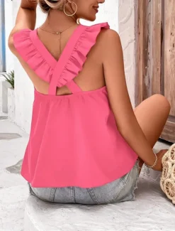New Women's Camisole Tank Top Solid Color Stylish Casual Sleeveless Crew Neck Regular Tops Daily Ruffle Backless Black Pink Red Sky Blue Orange Summer Spring Women Tank Tops & Camis|Shirts