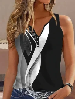 Hot Women's Camisole Tank Top Basic Buttons Print Sleeveless Regular Tops V Neck Casual Black Red Purple Light Blue Women Tank Tops & Camis