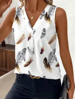 Online Women's Camisole Tank Top Graphic Feather Elegant Bohemia Stylish Sleeveless V Neck Regular Tops Daily Going out Vacation Wear Print Summer Spring Women Boho Tops