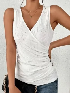 Outlet Women's Camisole Tank Top Eyelet top Basic Buttons Sleeveless Sleeveless Regular Tops V Neck Casual Black White Pink Blue Purple Women Tank Tops & Camis