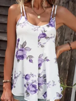 Clearance Women's Camisole Tank Top Casual Floral Print Sleeveless Regular Tops U Neck Vacation Daily Red Blue Purple Summer Women Spring Tops|Tank Tops & Camis