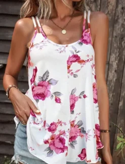Clearance Women's Camisole Tank Top Casual Floral Print Sleeveless Regular Tops U Neck Vacation Daily Red Blue Purple Summer Women Spring Tops|Tank Tops & Camis