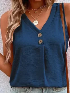 New Women's Camisole Tank Top Vintage Streetwear Buttons Sleeveless Regular Tops V Neck Casual Watermelon Red Black White Light Green Blue Women Tank Tops & Camis