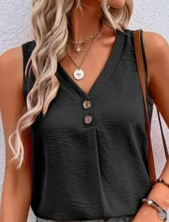 New Women's Camisole Tank Top Vintage Streetwear Buttons Sleeveless Regular Tops V Neck Casual Watermelon Red Black White Light Green Blue Women Tank Tops & Camis