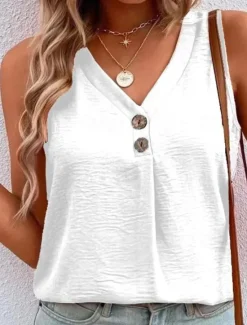 New Women's Camisole Tank Top Vintage Streetwear Buttons Sleeveless Regular Tops V Neck Casual Watermelon Red Black White Light Green Blue Women Tank Tops & Camis