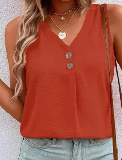 New Women's Camisole Tank Top Vintage Streetwear Buttons Sleeveless Regular Tops V Neck Casual Watermelon Red Black White Light Green Blue Women Tank Tops & Camis
