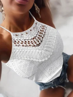 Hot Women's Camisole Tank Top Black White Yellow Solid / Plain Color Lace Hole Daily Daily Halter Neck Regular Fit S Women Tank Tops & Camis