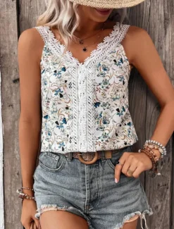 Online Women's Camisole Tank Top Casual Floral Lace Print Sleeveless Regular Tops V Neck Vacation Daily Summer Women Tank Tops & Camis|Spring Tops