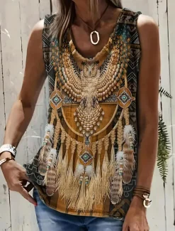 Sale Women's Camisole Tank Top Boho Tank Top Western Tank Top Floral Graphic Animal Bohemia Vintage Casual Sleeveless U Neck Regular Tops Daily Holiday Going out Print Black Khaki Gray Summer Women Boho Tops