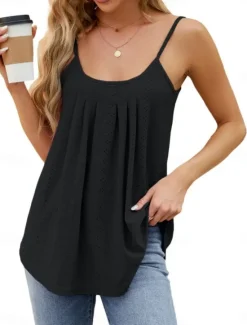 Outlet Women's Camisole Tank Top Solid Color Stylish Casual Sleeveless Strap Regular Tops Daily Eyelet Black White Blue Summer Women Tank Tops & Camis