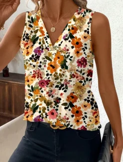 Sale Women's Camisole Tank Top Floral Graphic Stylish Casual Sleeveless V Neck Regular Tops Daily Print Maroon Yellow Orange Summer Women Tank Tops & Camis
