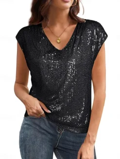Best Women's Camisole Tank Top Solid Color Basic Casual Sleeveless V Neck Regular Tops Daily Sequins Black Wine Summer Spring Women Tank Tops & Camis
