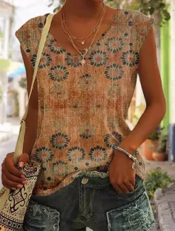 Online Women's Camisole Tank Top Casual Floral Print Sleeveless Regular Tops V Neck Vacation Daily Yellow Red Blue Purple Green Summer Women Tank Tops & Camis