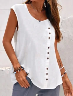 Best Women's Camisole Tank Top Plain Hawaiian Basic Sleeveless Round Neck Cotton Linen Vest Casual Weekend Buttons Black White Blue Green Women Shirts