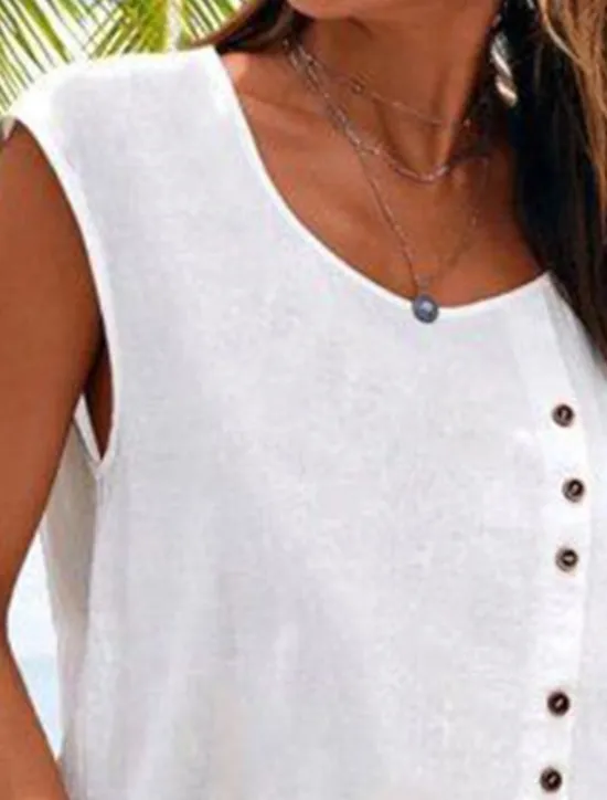 Best Women's Camisole Tank Top Plain Hawaiian Basic Sleeveless Round Neck Cotton Linen Vest Casual Weekend Buttons Black White Blue Green Women Shirts