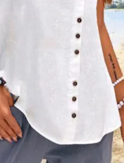 Best Women's Camisole Tank Top Plain Hawaiian Basic Sleeveless Round Neck Cotton Linen Vest Casual Weekend Buttons Black White Blue Green Women Shirts