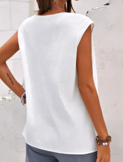 Best Women's Camisole Tank Top Plain Hawaiian Basic Sleeveless Round Neck Cotton Linen Vest Casual Weekend Buttons Black White Blue Green Women Shirts