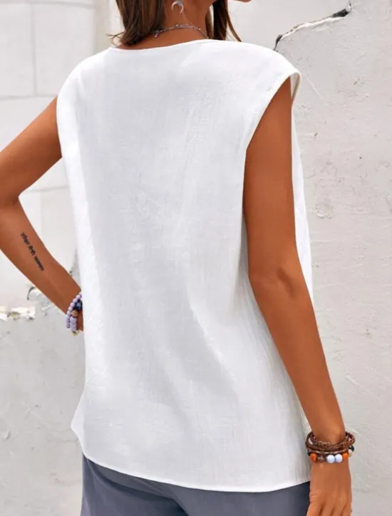Best Women's Camisole Tank Top Plain Hawaiian Basic Sleeveless Round Neck Cotton Linen Vest Casual Weekend Buttons Black White Blue Green Women Shirts