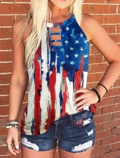 Online Women's Camisole Tank Top Flag Daily Casual Sleeveless Halter Neck Regular Tops Daily Print Denim Blue Red Navy Blue Royal Blue Blue Summer Women Independence Day Top