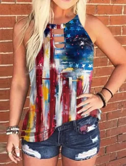 Online Women's Camisole Tank Top Flag Daily Casual Sleeveless Halter Neck Regular Tops Daily Print Denim Blue Red Navy Blue Royal Blue Blue Summer Women Independence Day Top