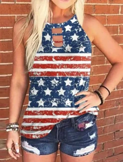Online Women's Camisole Tank Top Flag Daily Casual Sleeveless Halter Neck Regular Tops Daily Print Denim Blue Red Navy Blue Royal Blue Blue Summer Women Independence Day Top
