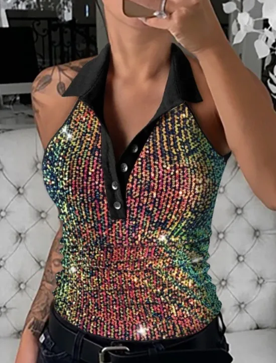 Discount Women's Camisole Tank Top Leopard Rainbow Leopard Buttons Sequin Daily Elegant V Neck Regular Fit S Women Tank Tops & Camis