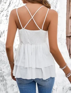Discount Women's Camisole Tank Top Solid Color Casual Sleeveless Strap Regular Tops Daily Lace Patchwork White Army Green Khaki Summer Women Tank Tops & Camis