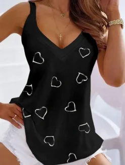 New Women's Camisole Tank Top Going Out Tops Summer Tops Tunic Basic Heart Print Sleeveless Regular Tops V Neck Casual Weekend Black White Pink Women Tunic Tops|Tank Tops & Camis