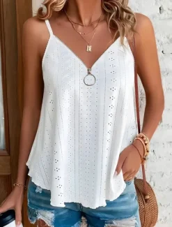 Women's Camisole Tank Top Solid Color Stylish Casual Sleeveless Strap Regular Tops Daily Zipper Eyelet White Yellow Pink Blue Purple Summer Women Shirts