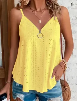 Women's Camisole Tank Top Solid Color Stylish Casual Sleeveless Strap Regular Tops Daily Zipper Eyelet White Yellow Pink Blue Purple Summer Women Shirts