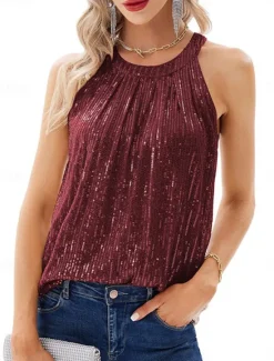 Outlet Women's Camisole Tank Top Camis Solid Color Sexy Casual Sleeveless Halter Neck Regular Tops Party Sequins Wine Fuchsia Gold Summer Women Tank Tops & Camis