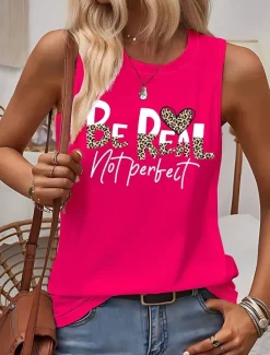 Discount Women's Camisole Tank Top Leopard Letter Stylish Casual Sleeveless Crew Neck Regular Tops Daily Print Summer Women Tank Tops & Camis