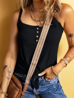 New Women's Camisole Tank Top Solid Color Daily Stylish Casual Sleeveless Scoop Neck Regular Tops Daily Buttons Black Yellow Army Green Apricot Summer Spring Women Tank Tops & Camis